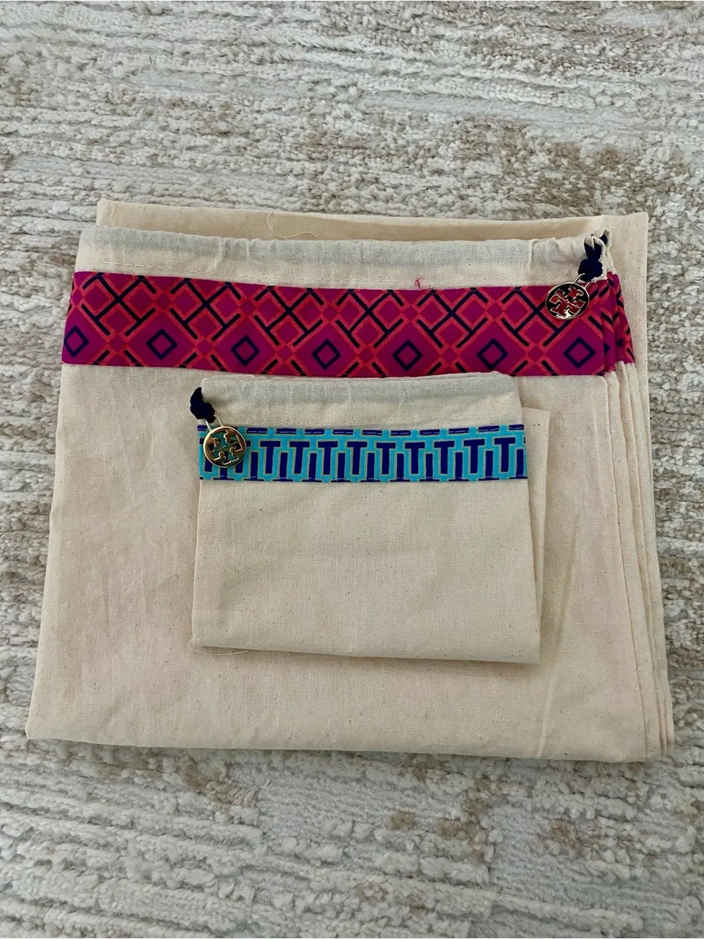 Tory Burch Canvas Dust Bag  Set with Pink and Blue Trim